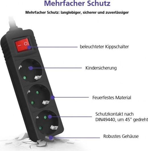 Helos CLASSIC Steckdosenleiste mit Schalter, 3-fach, 1.5m, schwarz