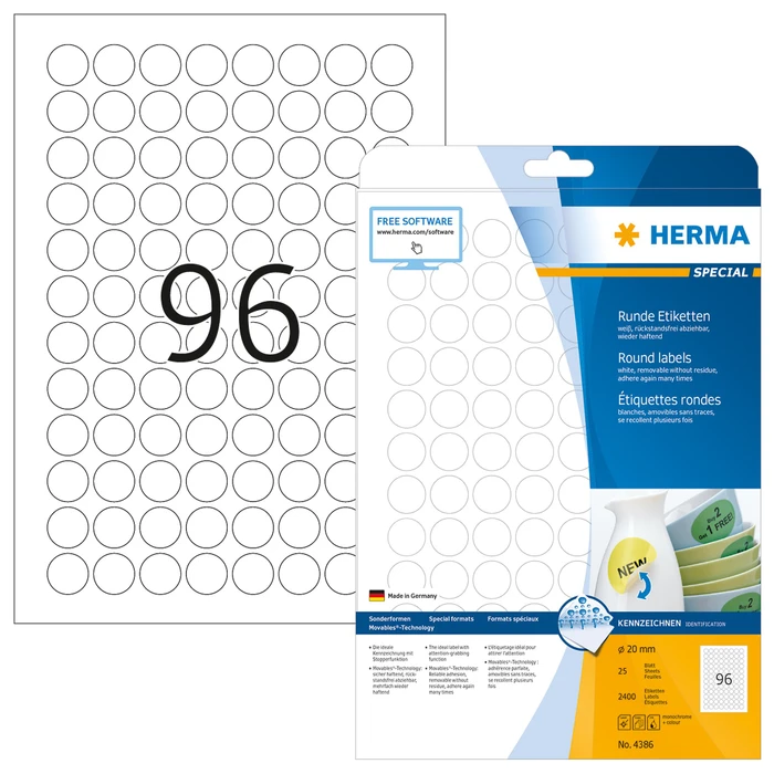 Herma Etiketten Special rund, 20mm, ablösbar, weiß, matt, 25 Blatt (2400 Etiketten)