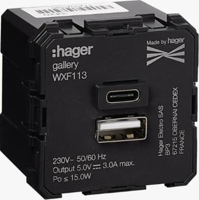 Hager USB-Ladegerät Typ A+C, 230V~ 50/60Hz, 2 Modulbreiten 45x45mm