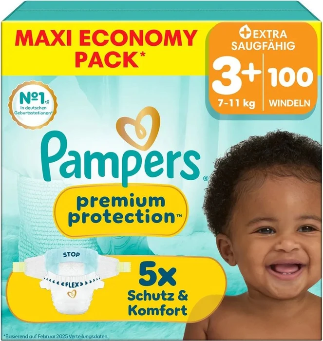 Pampers Premium Protection Gr.3+ Einwegwindel, 7-11kg, 100 Stück
