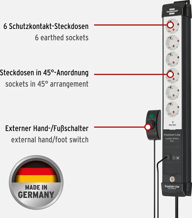 Brennenstuhl Premium-Line Comfort Switch Plus, 6-fach, 6x schaltbar, 3m, schwarz/hellgrau