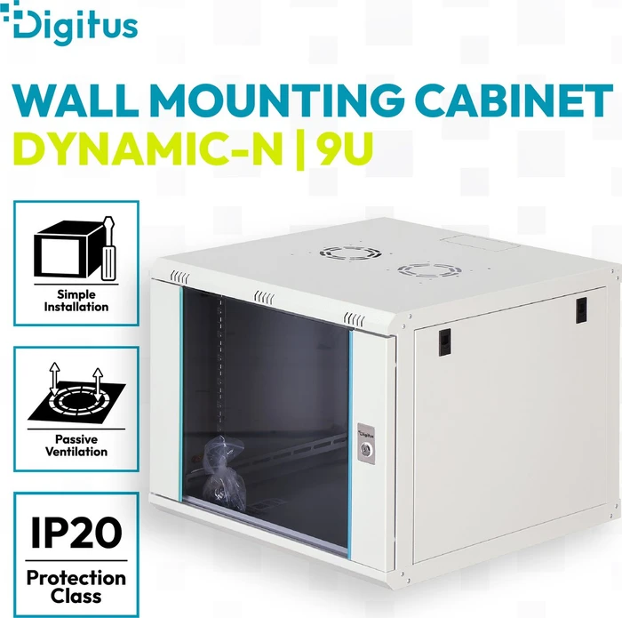 Digitus Dynamic-N Serie 19" Wandgehäuse 9HE, unmontiert, Sicherheitsglastür, IP2X, RAL 7035, 600mm tief