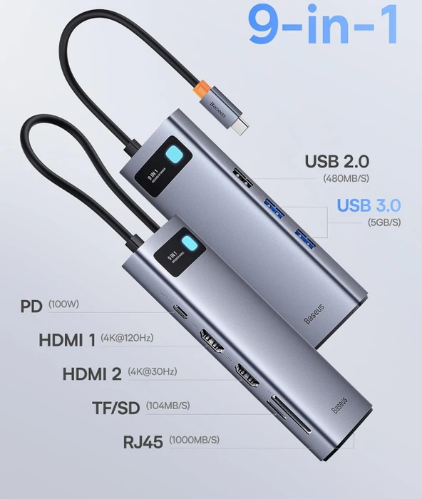 Baseus Joystar 9-in-1 Docking Station, Multiport-Adapter, USB-C 3.0 [Stecker]