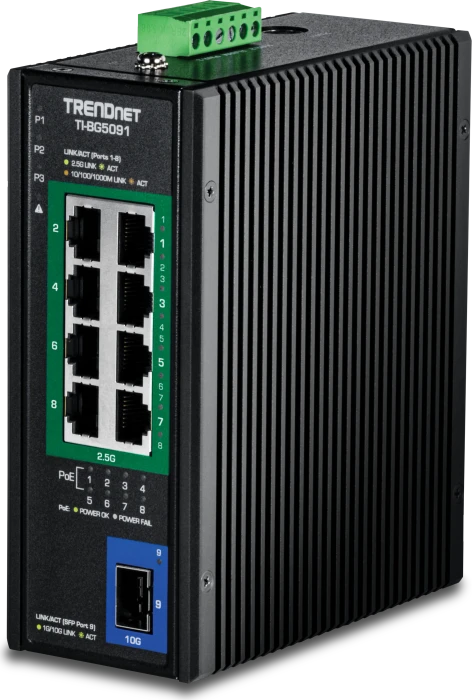 TRENDnet TI Hardened Industrial Railmount 2.5G Switch, 8x RJ-45, 1x SFP+, 480W PoE++