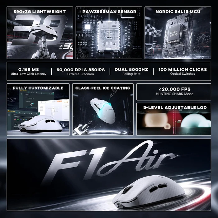 Attack Shark F1 Air 8KHz Wireless, weiß, inkl. Grip Tape, USB/Bluetooth