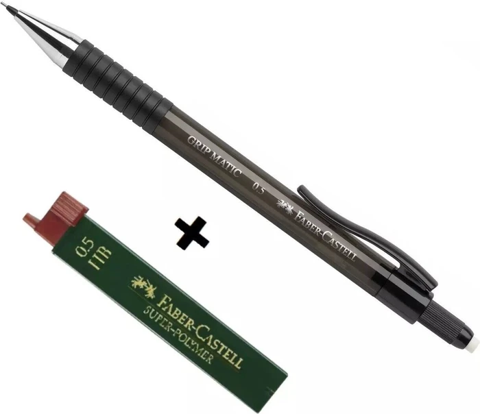 Faber-Castell Grip Matic 1375 Druckbleistift 0.5mm graphit, schwarz transparent, Radierer