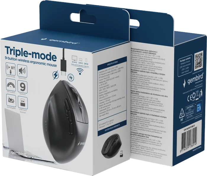 Gembird Triple-Mode 9-Button Wireless Ergonomic Mouse schwarz, USB/Bluetooth