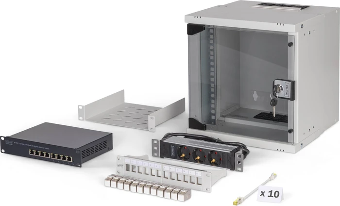 Digitus Professional SoHo Pro Line 10" Wandgehäuse SET 6HE, unmontiert, Sicherheitsglastür, IP20, RAL 7035, 300mm tief