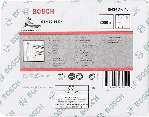 Bosch Professional SN34DK 75 D-Kopf Streifennagel 34° glatt geharzt Tacker-Nägel, 75x2.8mm, 3000 Stück