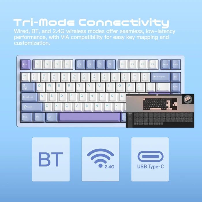 Wobkey Rainy 75 Pro, blau, LEDs RGB, Kailh Cocoa, USB/Bluetooth, US